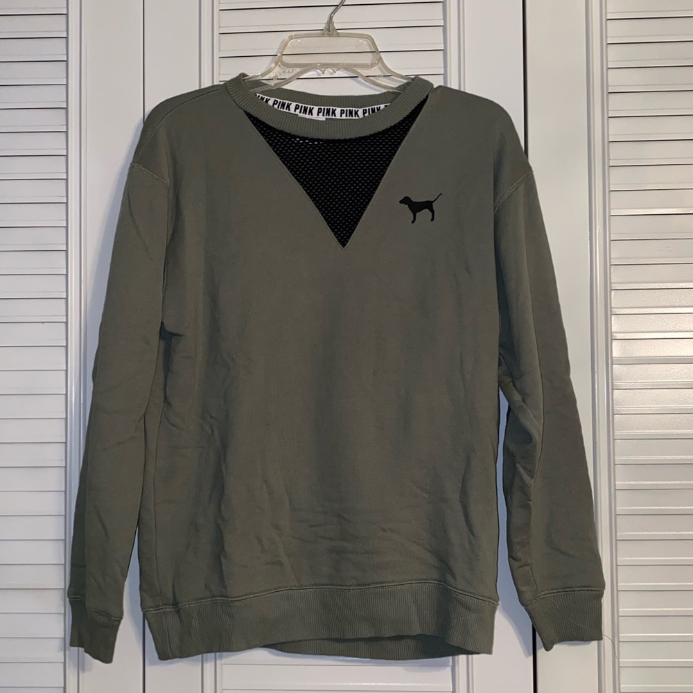 Victorias Secret PINK army green crew neck sweater. Size XS but feels larger.